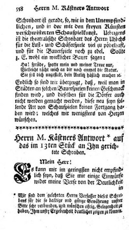 Herrn M. Kästners Antwort auf das im 13ten Stück an Ihn gerichtete Schreiben