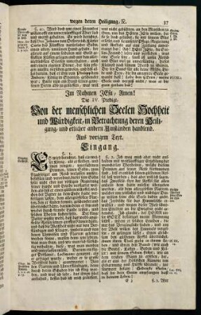37-50, Die IV. Predigt, Von der menschlichen Seelen Hochheit und Würdigkeit, in Betrachtung deren Heiligung, und etlicher andern Umständen handlend.