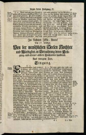 37-50, Die IV. Predigt, Von der menschlichen Seelen Hochheit und Würdigkeit, in Betrachtung deren Heiligung, und etlicher andern Umständen handlend.