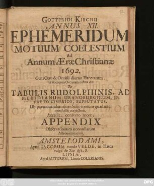 12: Accedit, consueto more, Appendix Observationum nonnullarum Astronomicarum