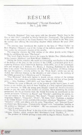 Résumé „Sovietish Heimland“ („Soviet Homeland“) No. 7, July, 1990