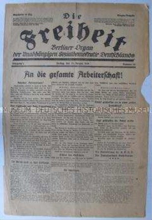 Titelblatt der Tageszeitung der USPD Berlin "Die Freiheit" u.a. zur Ermordung von Luxemburg und Liebknecht