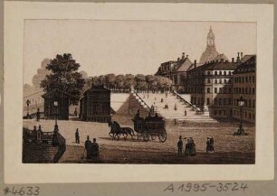 Die Treppe zur Brühlschen Terrasse, Blick vom Schlossplatz auf das Fürstenbergische Haus (Finanzhaus), mit Pferdekutschen