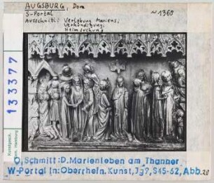 Augsburg, Dom: Südportal, Ausschnitt: Verlobung Mariens, Verkündigung, Heimsuchung