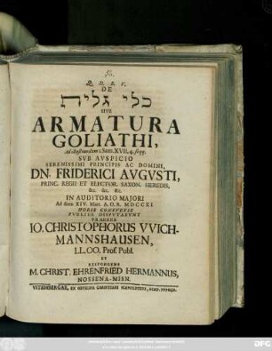 De Kele Golyat Sive Armatura Goliathi, Ad illustrandum I. Sam. XVII, 4. seqq.