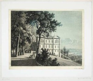 Die alte Königliche Villa auf dem Königlichen Weinberg in Wachwitz bei Dresden, im Hintergrund die neogotische Kapelle, rechts das Elbtal