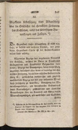 XI. Abgekürzte Uebersetzung einer Abhandlung über die Geschichte der chemischen Zerlegung des Kochsalzes, nebst des Uebersetzers Bemerkungen und Zusätzen.