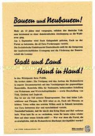 Propagandaflugblatt der SED zur Agrarpolitik, verbunden mit Wahlaufruf zu den Gemeindewahlen