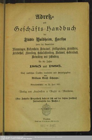 1885/86(1885): Adreß- und Geschäfts-Handbuch der Städte Waldheim, Hartha sowie der Gemeinden Flemmingen, Richzenhain, Reinsdorf, Heiligenborn, Kriebstein, Kriebethal, Ehrenberg, Grünlichtenberg, Massanei, Gebersbach, Meinsberg und Schönberg : für d. Jahre ...