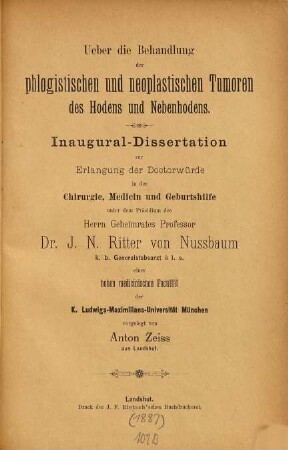 Ueber die Behandlung der phlogistischen und neoplastischen Tumoren des Hodens und Nebenhodens
