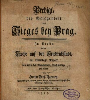 Predigt, bey Gelegenheit des Sieges bey Prag