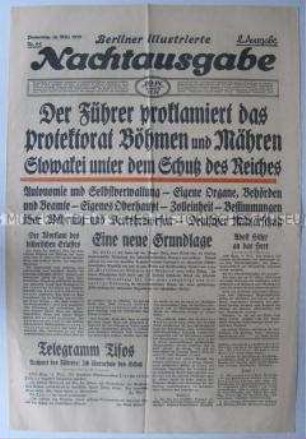 Umschlagblatt der Abendzeitung "Berliner Illustrierte Nachtausgabe" zur Proklamation des Protektorates Böhmen und Mähren