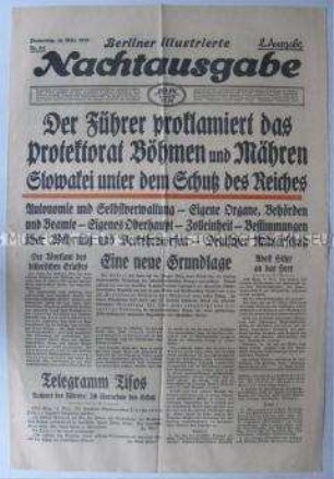 Umschlagblatt der Abendzeitung "Berliner Illustrierte Nachtausgabe" zur Proklamation des Protektorates Böhmen und Mähren