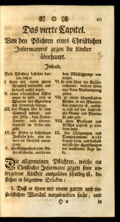Das vierte Capitel. Von den Pflichten eines Christlichen Informatoris gegen die Kinder überhaupt
