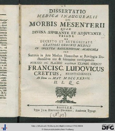 Dissertatio Medica Inauguralis De Morbis Mesenterii