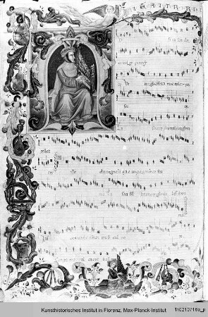 Buchseite mit Randbordüre, eingeschlossener Miniatur mit der Personifikation der Musik, Notenzeilen, Text und historisierter Initiale M mit Francesco Cieco Landino - Canzoni (Codice Squarcialupi)