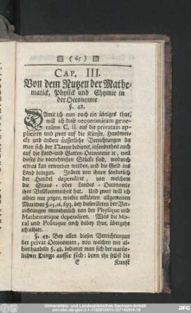 Cap. III. Von dem Nutzen der Mathematick, Physick und Chymie in der Oeconomie.