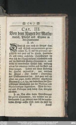 Cap. III. Von dem Nutzen der Mathematick, Physick und Chymie in der Oeconomie.