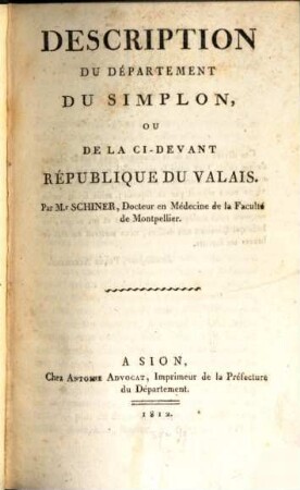 Description du département du Simplon ou de la ci-devant république du Valais