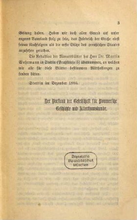 Monatsblätter der Gesellschaft für Pommersche Geschichte und Altertumskunde. 1. 1887