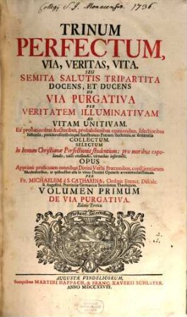 Trinum Perfectum, Via, Veritas, Vita. Seu Semita Salutis Tripartita Docens, Et Ducens De Via Purgativa Per Veritatem Illuminativam Ad Vitam Unitivam : Ex probatioribus Auctoribus, ... ponderosioribusque Sanctorum Patrum doctrinis, ac senteniis Collectum. Selectum In bonum Christianae Perfectionis studentium: pro moribus expoliendis, vitiis evellendis, virtutibus inserendis. Opus Apprimè proficuum omnibus Divini Verbi Praeconibus ... ac quibuslibet aliis in vinea Domini Operariis accommodatissimum, 1. De Via Purgativa