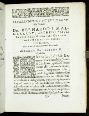 Reverendissimo Atque Prænobili Domino, Dn. Bernardo a Mallinckrot [...]