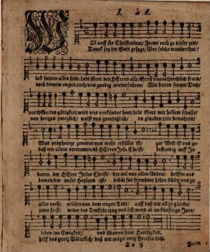 CYMBALVM Genethliacum : Das ist, Funffzehen Schöne, Liebliche vnd Anmutige, Newe Jahrs vnnd Weinacht Gesenge, nahe einem Corollario dreyer anderer Melodeyen mit 4. 5. vnd 6. Stimmen, nach itziger ahrt componiret, mit Lateinischen vnd deutschen texten gezieret, vnd in Druck vorfertiget, 1. Discantus
