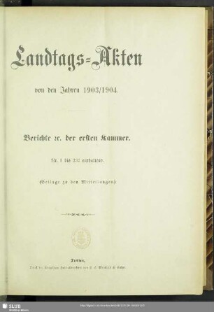 1903/04: Landtags-Akten / Berichte der 1. Kammer