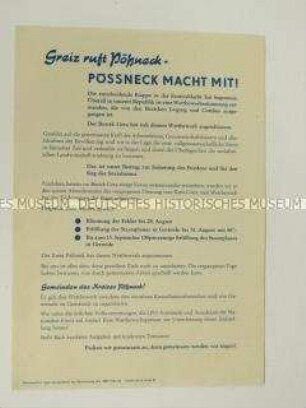 Propagandaflugblatt der SED Kreisleitung Agitationskommission Pößneck mit einer Aufstellung der Wettbewerbsziele des Kreises Greiz