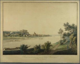 Stadtansicht von Pirna mit dem Sonnenstein und der Marienkirche von Nordosten über die Elbe
