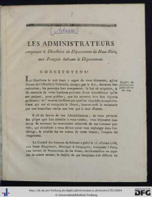 Les Administrateurs composant le Directoire du Département du Haut-Rhin, aux François habitant le Département.