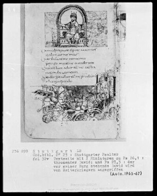 Der Stuttgarter Bibelpsalter — Buchseite mit zwei Miniaturen, Folio 32verso
