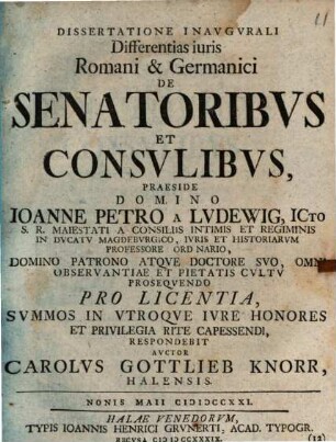 Dissertatione inaug. differentias iuris Romani et Germanici de senatoribus et consulibus