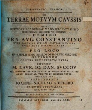 Dissertatio Physica De Terrae Motvvm Cavssis