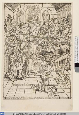 Buchseite aus: Fridolin, Stephan: Schatzbehalter. Nürnberg: Anton Koberger, 1491, fol. 117 [Die zwuvndsibentzigist figur; Die Verspottung Christi]