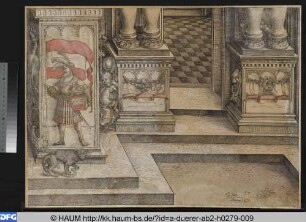 Die Ehrenpforte für Kaiser Maximilian I., Sockel des inneren Freisäulenpaares (Dürer) und Sockelzone des rechten Seitenportals (Springinklee o. Traut)