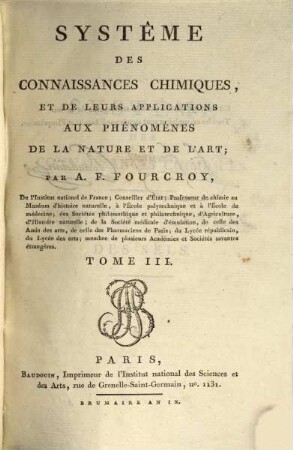Système des connaissances chimiques, et de leurs applications aux phénomènes de la nature et de l'art, 3