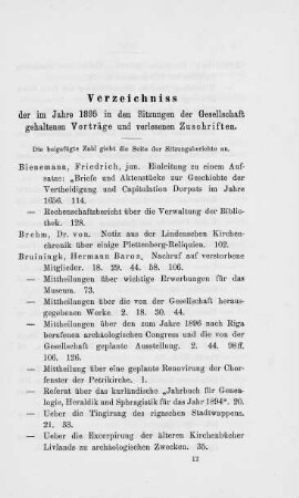 Verzeichnis der im Jahre 1895 gehaltenen Vorträge und verlesenen Zuschriften