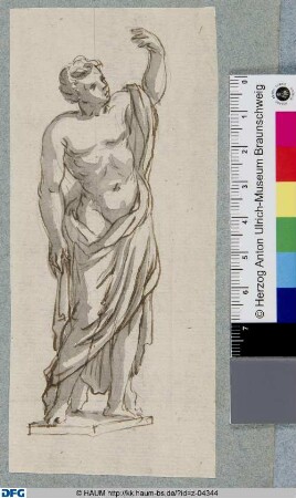 Stehende männliche Figur mit entblößter Brust und erhobenem linkem Arm