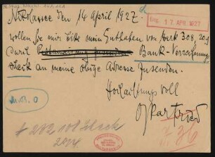 Postkarte an Genossenschaft Deutscher Tonsetzer : 14.04.1927