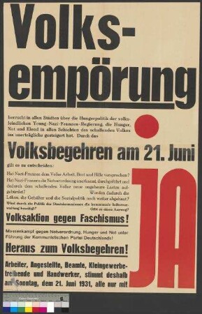 Wahlplakat der KPD zur Abstimmung zum Volksbegehren zur Auflösung des Braunschweigischen Landtags am 21. Juni 1931