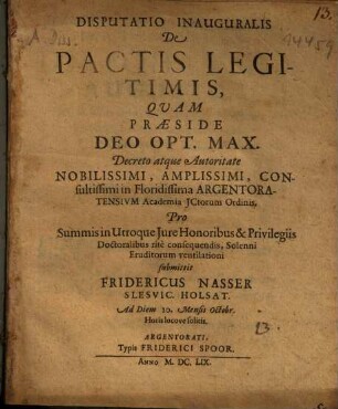 Disputatio Inauguralis De Pactis Legitimis