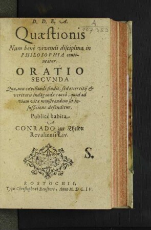 Quaestionis Num bene vivendi disciplin in Philsophia contineatur : Oratio Secunda ...