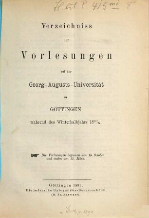 Verzeichnis der Vorlesungen. 1891/92. WH