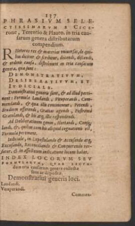 Phrasium Selectissimarum E Cicerone, Terentio & Plauto, in tria causarum genera distributarum compendium.