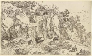 Felslandschaft mit Wasserfall, rechts eine auf allen Vieren kriechende Gestalt