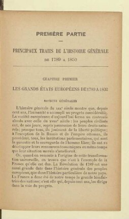 Première partie Principaux traits de l'historie générale de 1789 à 1850
