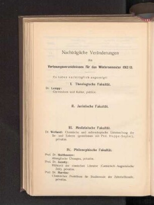 Nachträgliche Veränderungen des Vorlesungsverzeichnisses für das Wintersemester 1912/13.