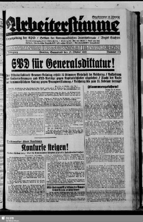 Arbeiterstimme : Tageszeitung der Kommunistischen Partei Deutschlands, Sektion der Kommunistischen Internationale, Bezirk Sachsen, Verbreitungsgebiet Ostsachsen