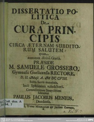 Dissertatio Politica De Cura Principis Circa Aeternam Subditorum Salutem